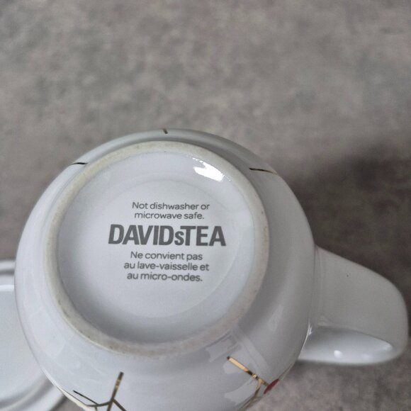 Davids Tea Mugs Blue Stripe and White with Gold Boughs and Red Berries and Lid - Picture 11 of 11